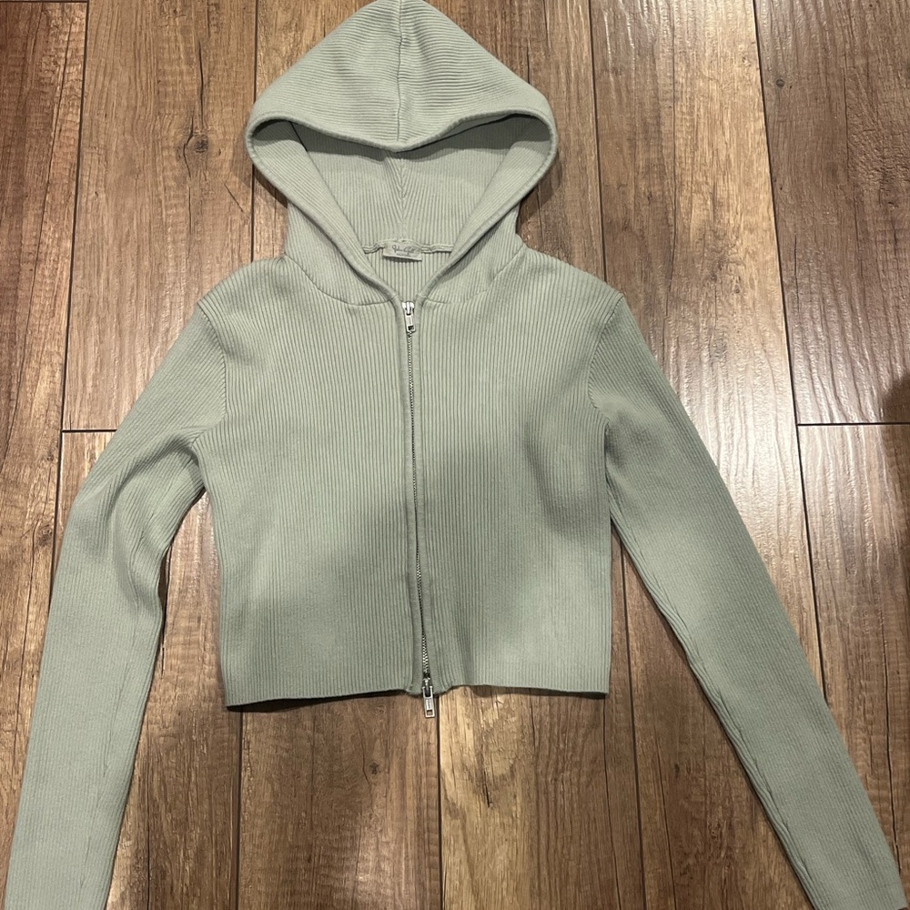 Brandy Melville Sage Green Ribbed Cropped Zip Hoodie Y2K Fitted